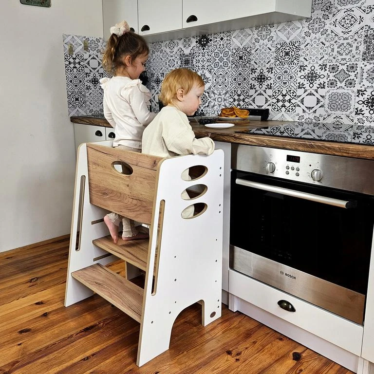 Kidshelper Dvivietis vaikiškas montessori virtuvės bokštelis, 3 aukščio padėtys, nuimama užtvara, balta / ąžuolo