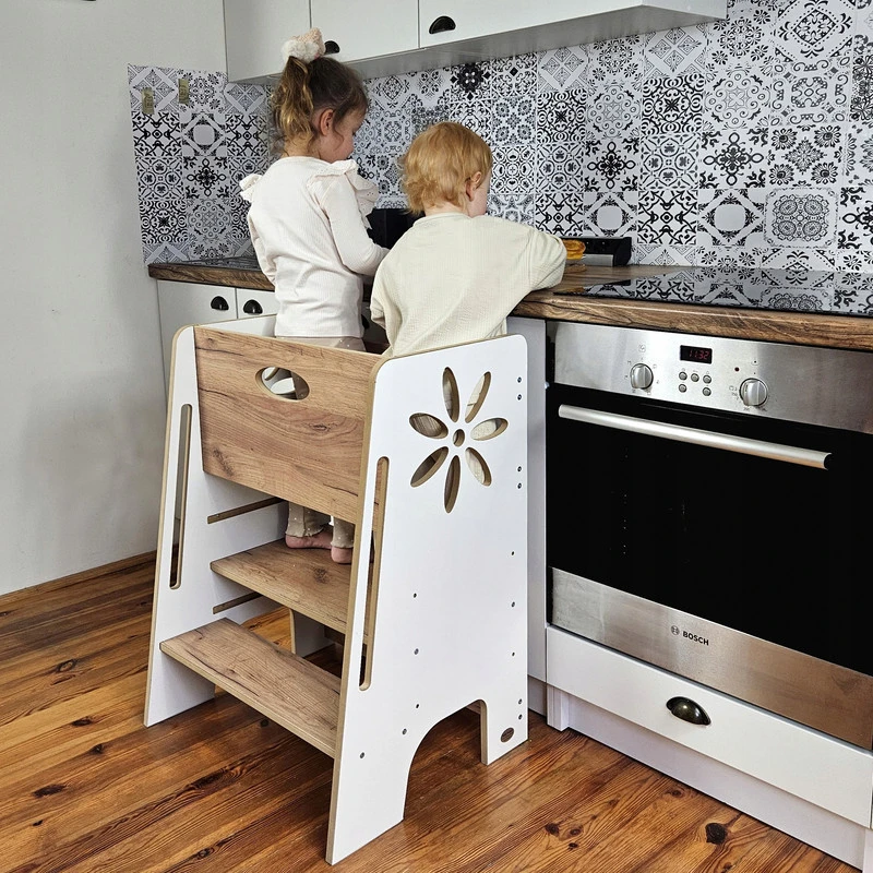 Kidshelper Dvivietis vaikiškas montessori bokštelis, 3 aukščio padėtys, nuimama užtvara, ąžuolo / balta