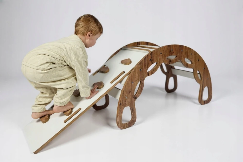 Kidshelper Supamoji arka 4in1: 3 dalių rinkinys su dvipuse lenta ir pagalve, ąžuolo / balta, mėlyna pagalvė
