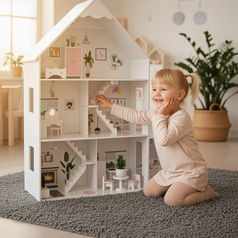 Kinderplay Lėlių namelis su baldais, LED šviestuvais, terasa ir palėpe, lėlėms iki 30 cm, 99 x 30 x 118 cm, baltas