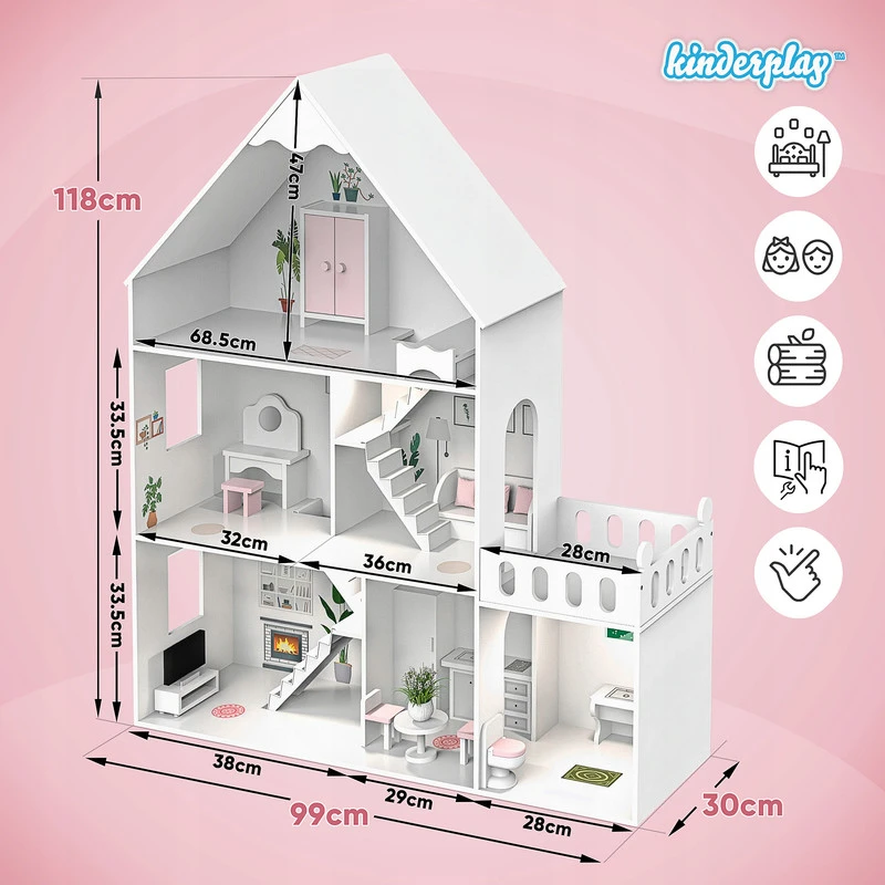 Kinderplay Lėlių namelis su baldais, LED šviestuvais, terasa ir palėpe, lėlėms iki 30 cm, 99 x 30 x 118 cm, baltas