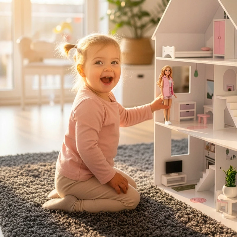 Kinderplay Lėlių namelis su baldais, LED šviestuvais, terasa ir palėpe, lėlėms iki 30 cm, 99 x 30 x 118 cm, baltas