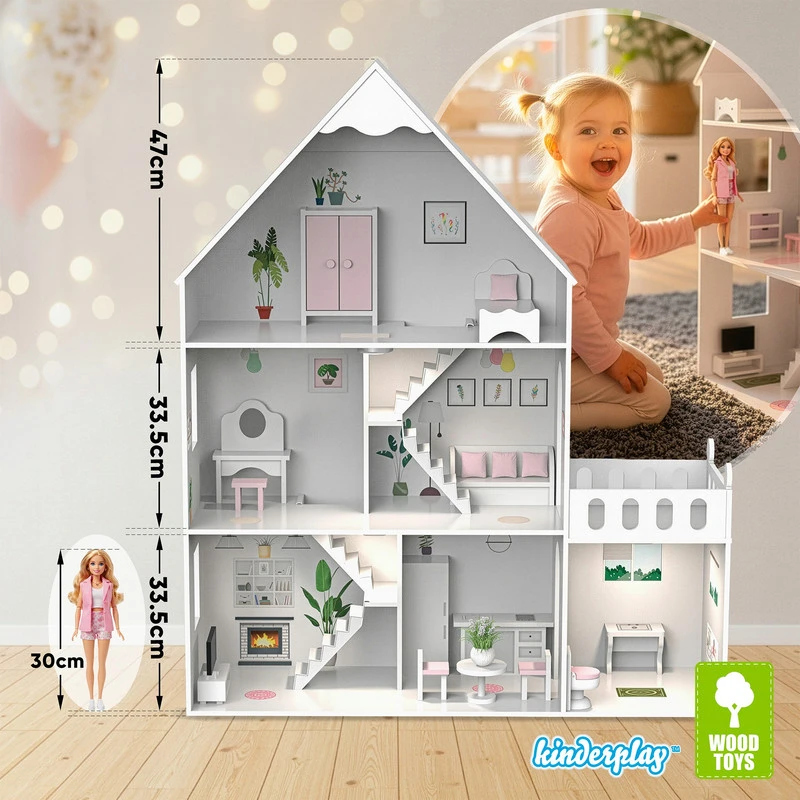 Kinderplay Lėlių namelis su baldais, LED šviestuvais, terasa ir palėpe, lėlėms iki 30 cm, 99 x 30 x 118 cm, baltas