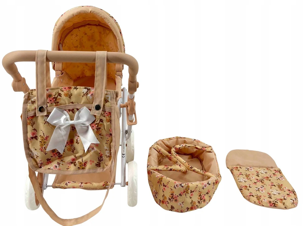 MarioToys Lėlių vežimėlio rinkinys 3in1, su nešyne, krepšiu ir patalyne, reguliuojama 32–64 cm rankena