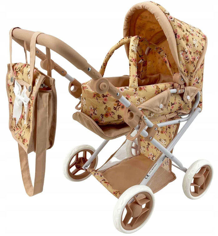 MarioToys Lėlių vežimėlio rinkinys 3in1, su nešyne, krepšiu ir patalyne, reguliuojama 32–64 cm rankena