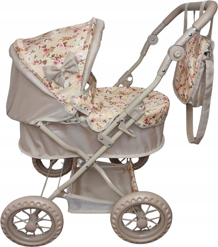MarioToys Lėlių vežimėlis su krepšiu, sulankstomas, 45–77 cm reguliuojama rankena, 28 cm ratai, rudas