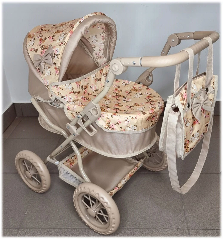 MarioToys Lėlių vežimėlis su krepšiu, sulankstomas, 45–77 cm reguliuojama rankena, 28 cm ratai, rudas