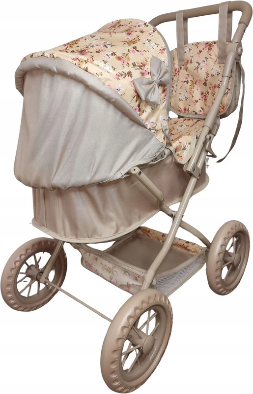 MarioToys Lėlių vežimėlis su krepšiu, sulankstomas, 45–77 cm reguliuojama rankena, 28 cm ratai, rudas