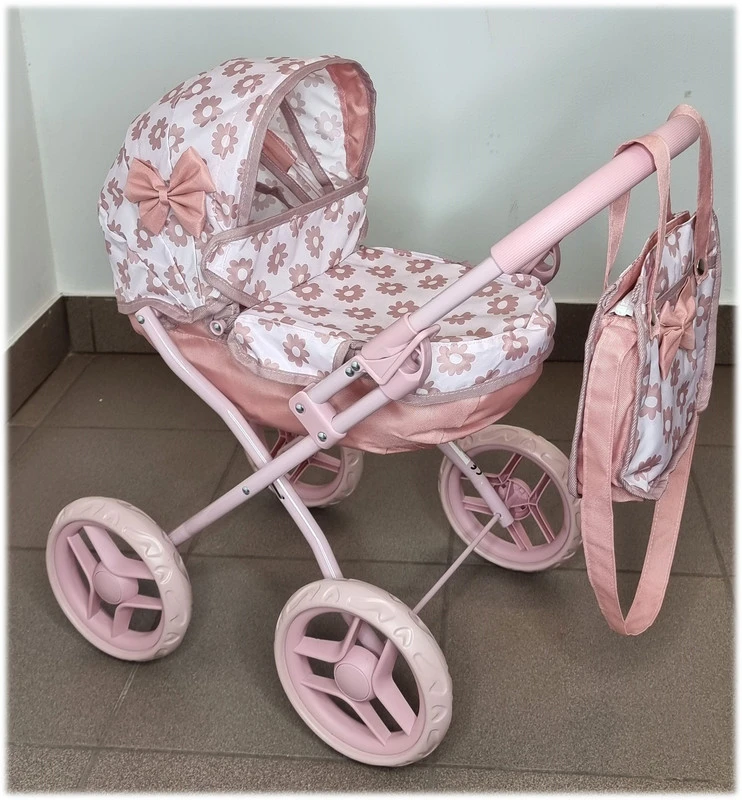 MarioToys Lopšinis lėlių vežimėlis, 3 dalių rinkinys su čiužinėliu ir krepšiu, sulankstomas, 60 cm, įvairiaspalvis
