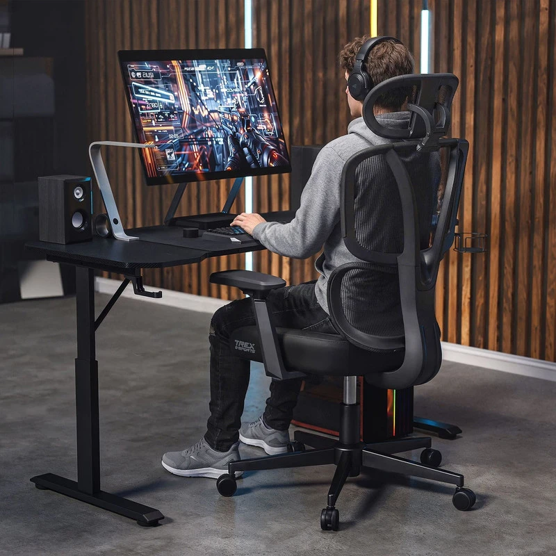 Trex Sport Žaidimų ir biuro kėdė su reguliuojama juosmens ir galvos atrama, 3D porankiais, juoda