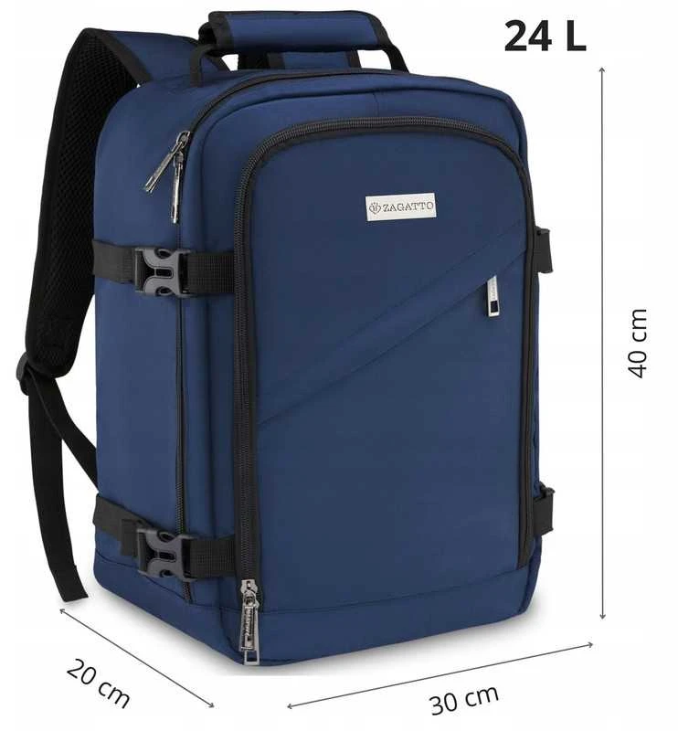 Zagatto Kelioninė kuprinė lėktuvui 40x30x20 cm su laptopo skyriumi, lengvas rankinis bagažas Ryanair / Wizz Air, tamsiai mėlyna