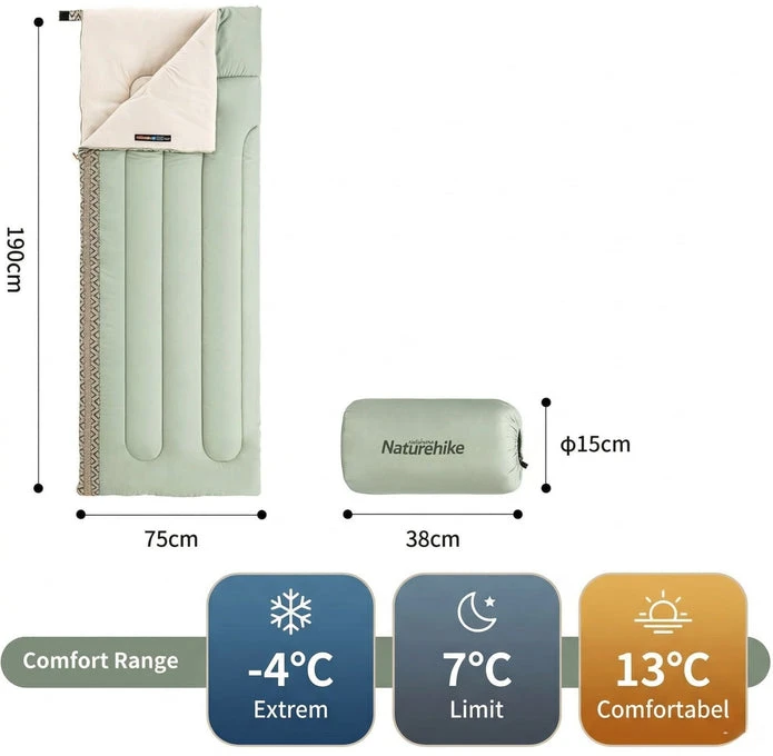 Žygio miegmaišis Naturehike Envelope medvilninis, poliesteris, sujungiamas, itin lengvas, žalias-kairės pusės, 850 g