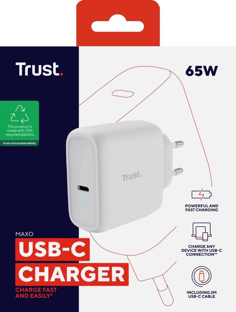 Adapteris Lādētājs Trust Maxo 65W USB-C Charger Baltas
