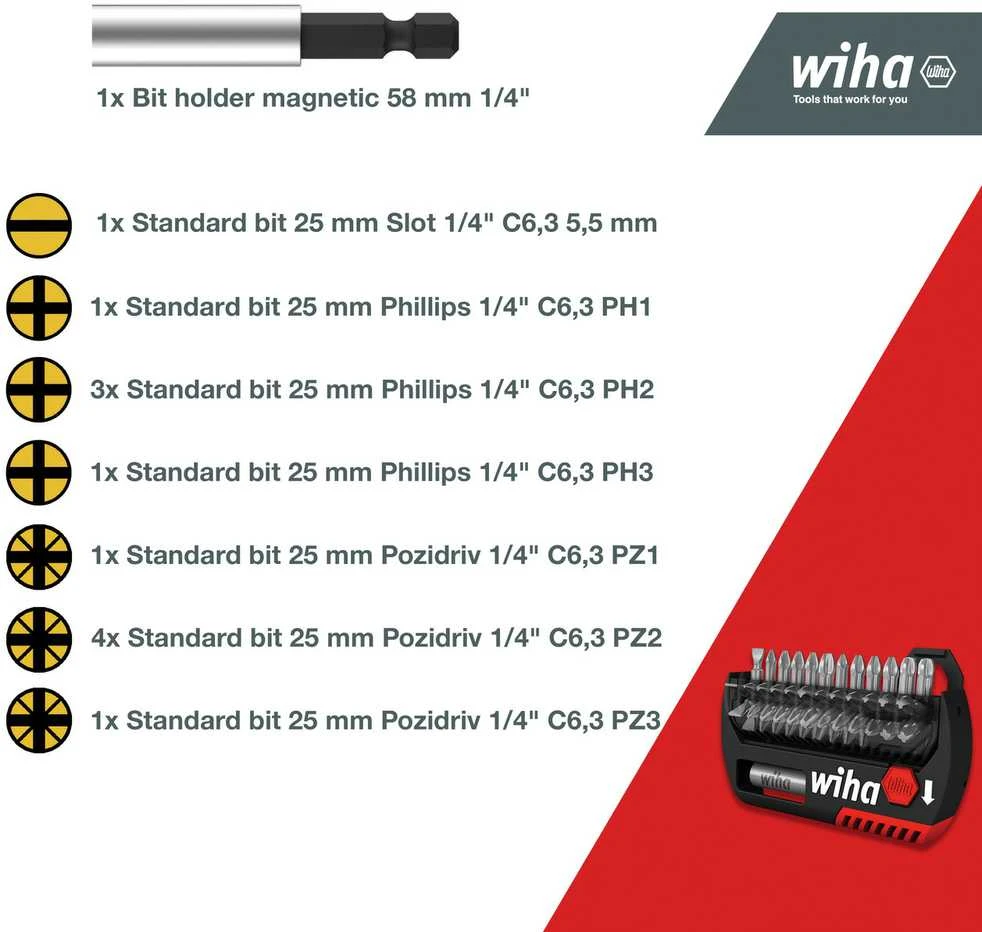 Antgalių rinkinys WIHA FlipSelector Phillips, Pozidriv, 13 vnt., 1/4" su diržo segtuku