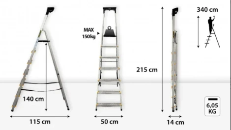 Buitinės kopėčios DRABEST ALD7 PRO 150 kg, vienpusės su lentyna, 7 pakopų (DR-AL-D7-PRO-Ż+CZ+P )