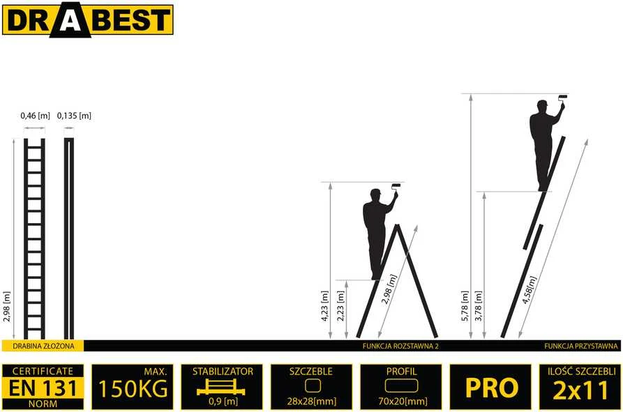 Daugiafunkcinės aliuminio kopėčios Drabest PRO, 2x11, 2 dalių, 150 kg