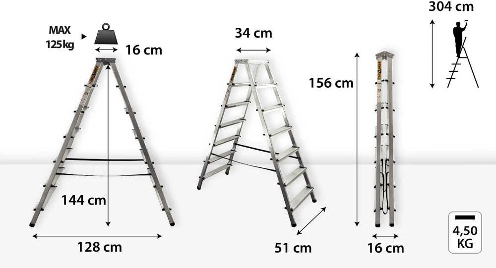 DRABEST HOME dvipusės aliuminio kopėčios, 7 pakopų, 125 kg