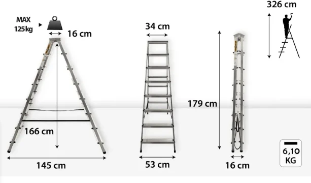 DRABEST HOME dvipusės aliuminio kopėčios, 8 pakopų 125 kg
