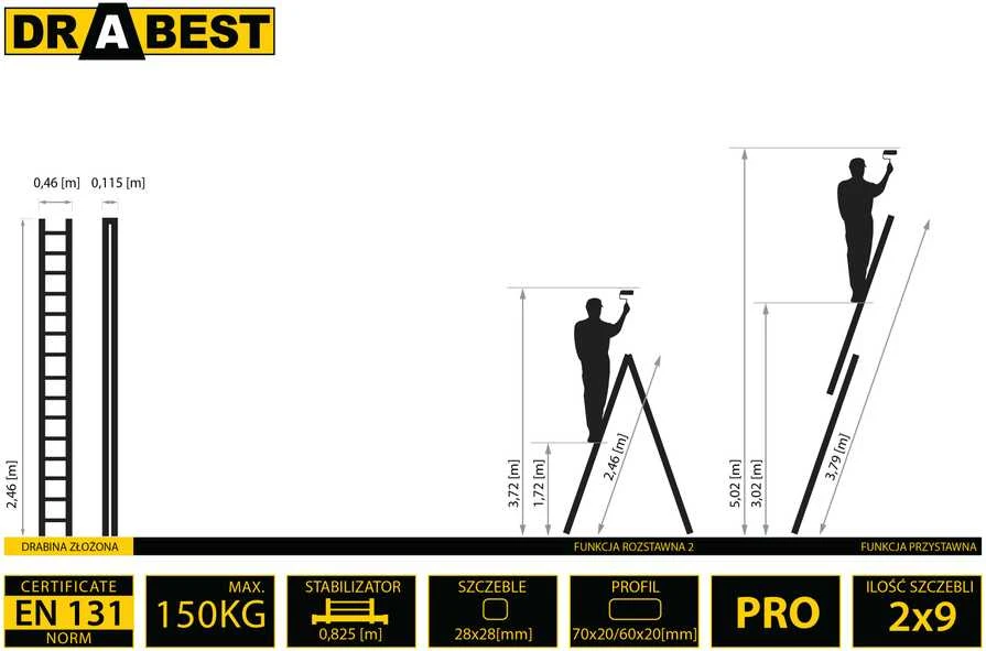 Dviejų dalių daugiafunkcinės kopėčios DRABEST 2x9