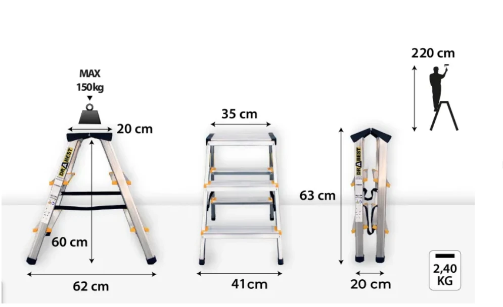 Dvipusės aliuminio kopėčios, Drabest PRO 2x3, geltona ir juoda apdaila