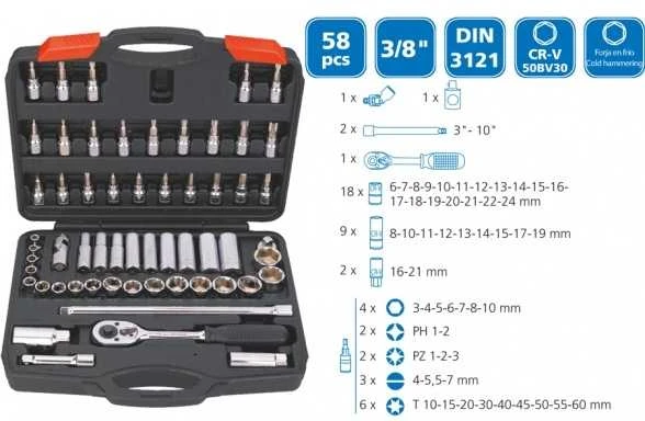 IŠPARDAVIMAS! Raktų/galvučių rinkinys Super Ego 3/8" (58 vnt.)