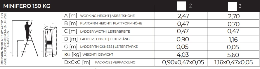 Plieninės kopėčios DRABEST Minifero - 2 pakopos - PRO - juodos, 150 kg