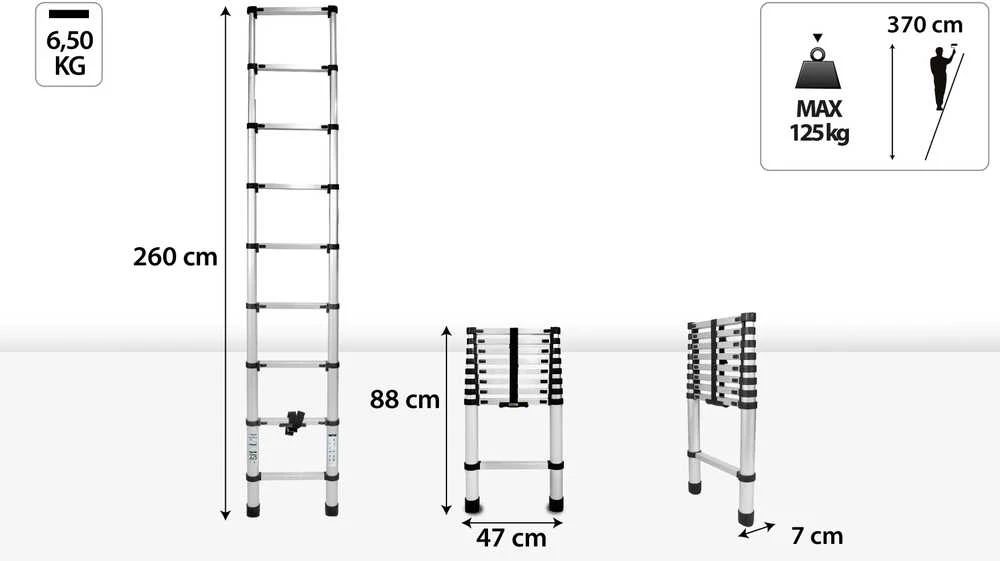 Teleskopinės plieninės kopėčios DRABEST 1x9 2,6 m