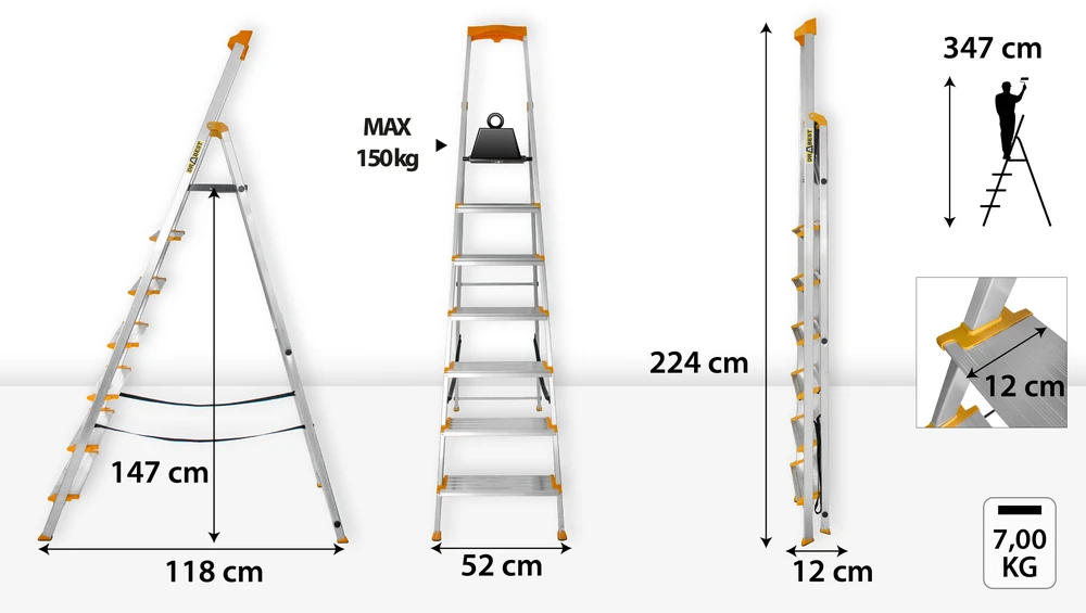 Vienpusės aliuminio kopėčios Drabest MAX, 7 laipteliai, 150 kg