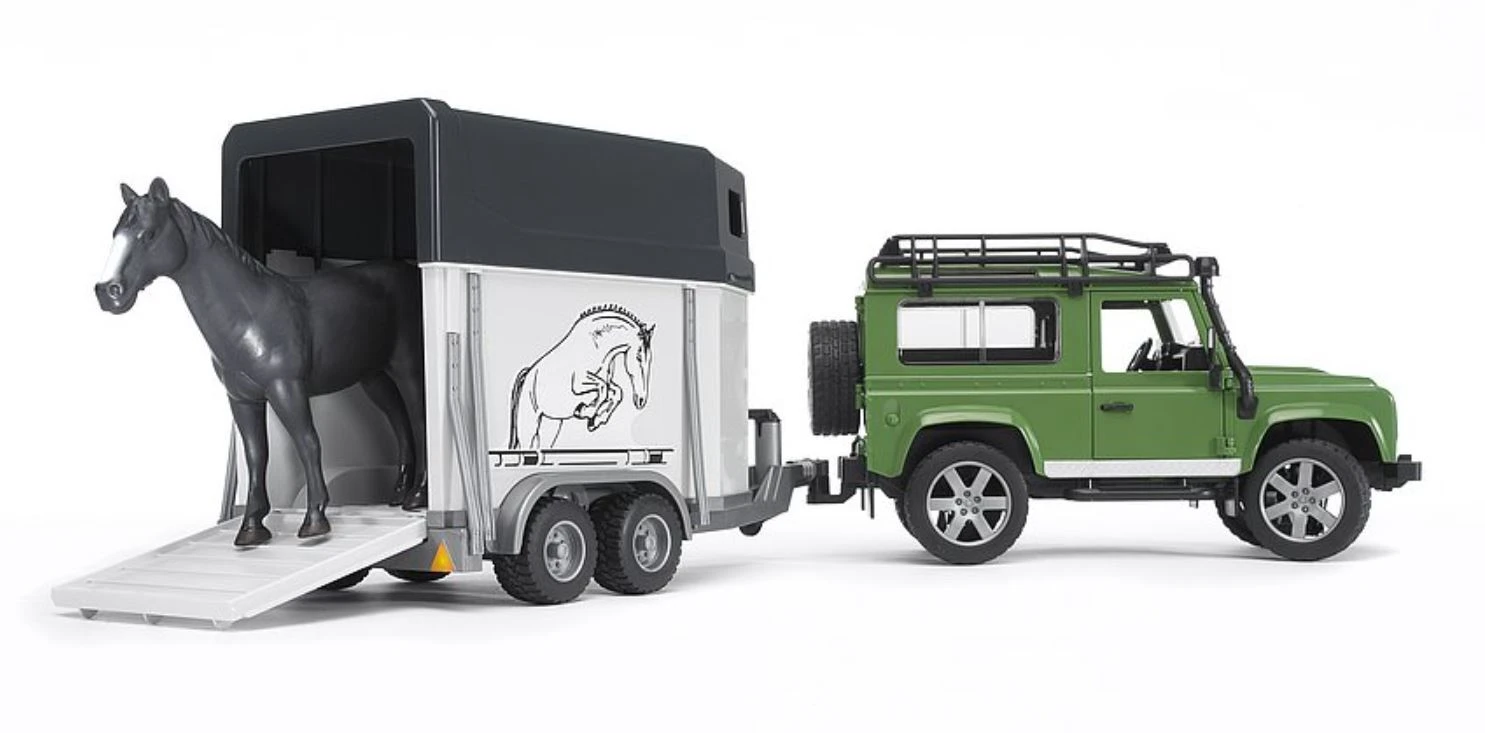 BRUDER džipas Land Rover su arklių priekaba 02592 aprašymas - Prekės nuotrauka