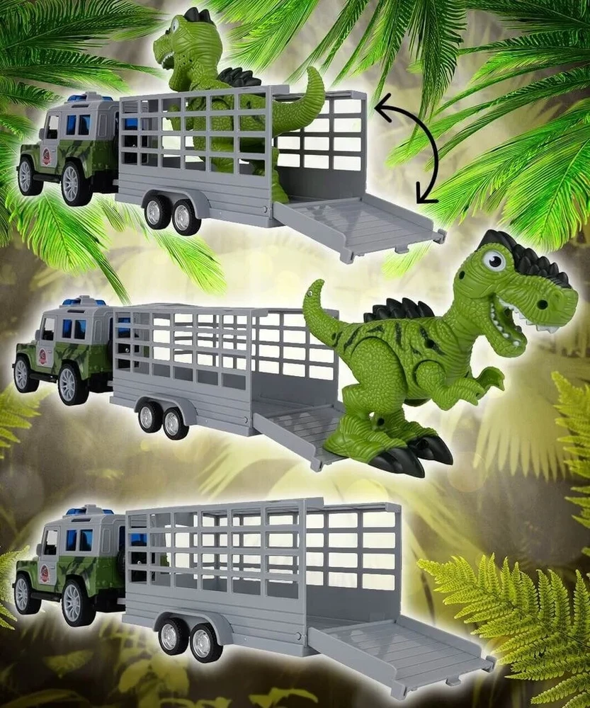 Malplay Žaislinis automobilis su dinozauru ir priekaba, su šviesos ir garso efektais