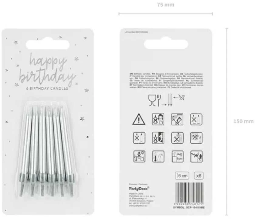 Party Deco Gimtadienio torto žvakės paprastos sidabrinės 6cm 6 vnt.