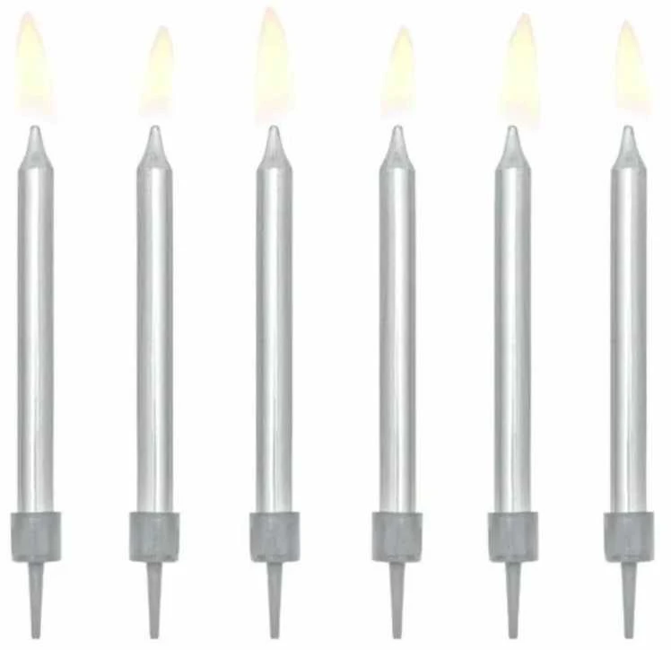 Party Deco Gimtadienio torto žvakės paprastos sidabrinės 6cm 6 vnt.
