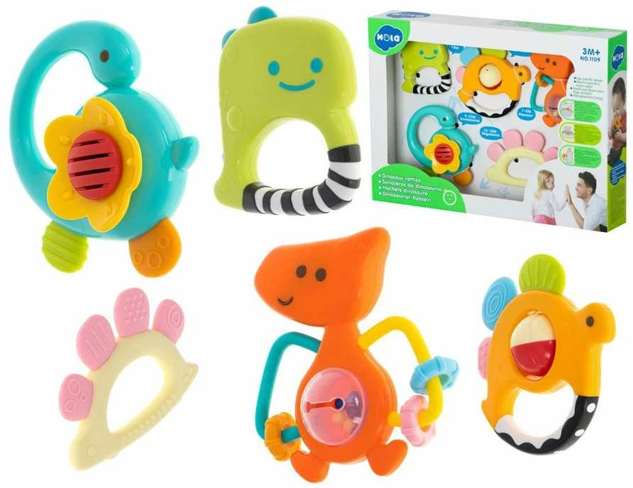 HOLA kūdikio kramtukas barškutis dinozaurai 5 vnt. rinkinys.