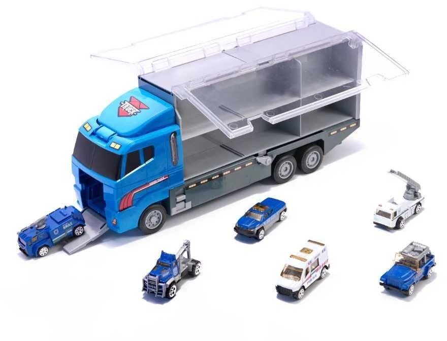 Ikonka Transporterio sunkvežimis TIR paleidimo įrenginys + metaliniai policijos automobiliai