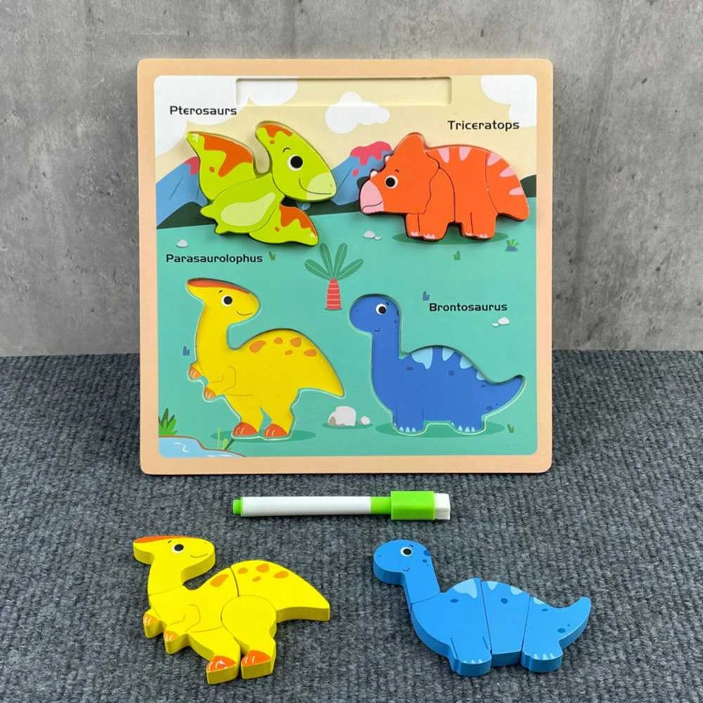 Lean Toys Medinė edukacinė dėlionė su dinozaurais ir piešimo lenta
