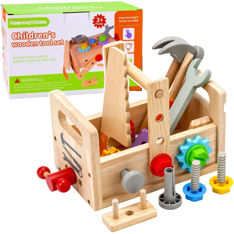 Lean Toys Medinis vaikiškas įrankių dėžutės rinkinys su krumpliaračiais ir veržlėmis