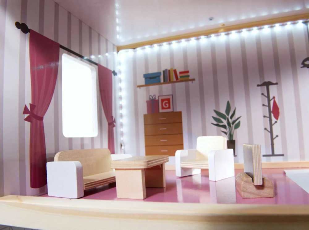 Ikonka MDF medinis lėlių namelis + baldai 78cm juodas LED