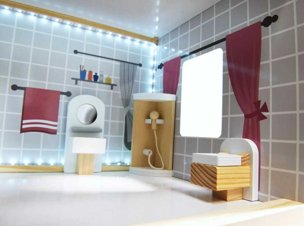 Ikonka MDF medinis lėlių namelis + baldai 78cm juodas LED
