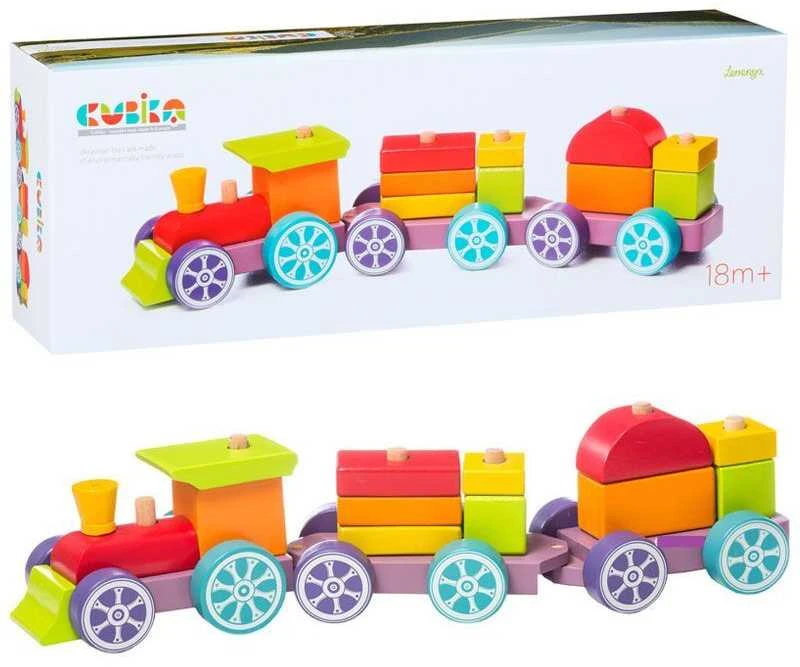 Cubika Medinis rūšiavimo traukinukas su kaladėlėmis - Vaivorykštės ekspresas 42cm.