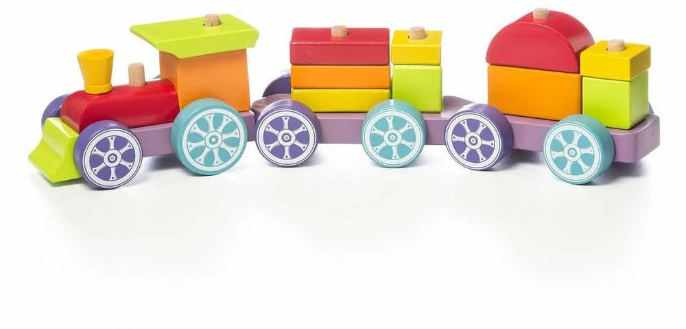 Cubika Medinis rūšiavimo traukinukas su kaladėlėmis - Vaivorykštės ekspresas 42cm.