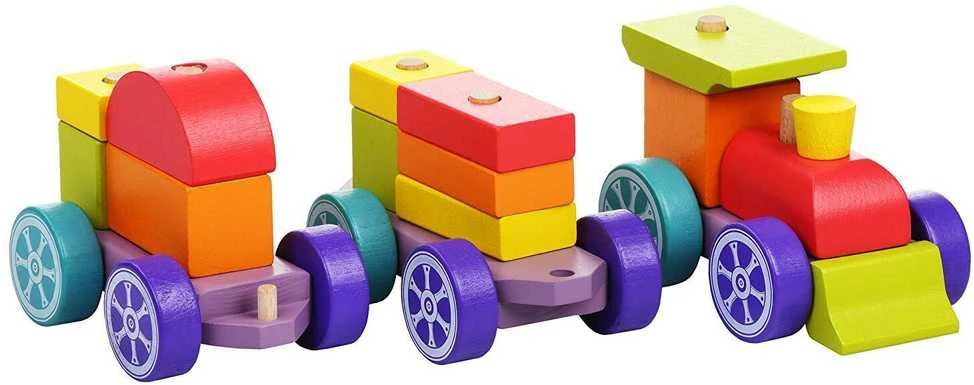 Cubika Medinis rūšiavimo traukinukas su kaladėlėmis - Vaivorykštės ekspresas 42cm.