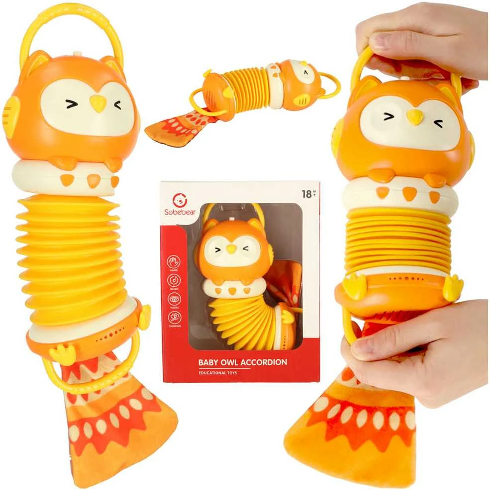 Vaikiškas muzikinis akordeonas Oranžinė pelėda, 33 cm