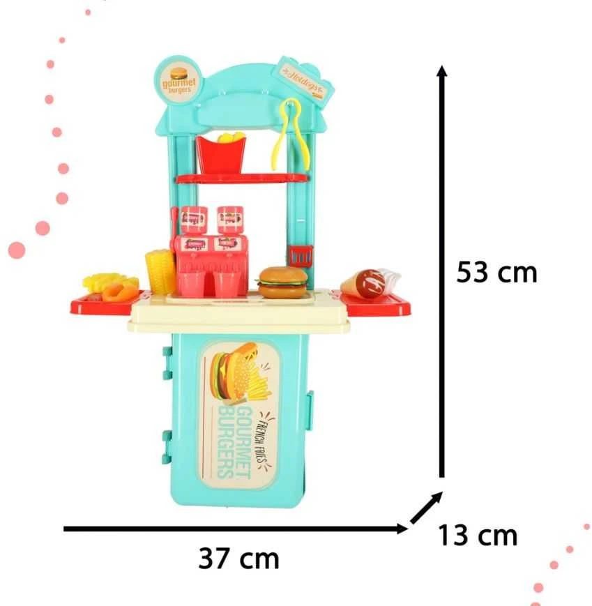 Roger Vaikiška virtuvė lagamine greito maisto mėsainių rinkinys ledai bulvytės 55cm