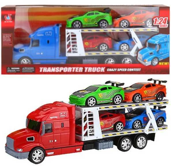Žaislinis tralas su 4 automobiliais (mėlynas)