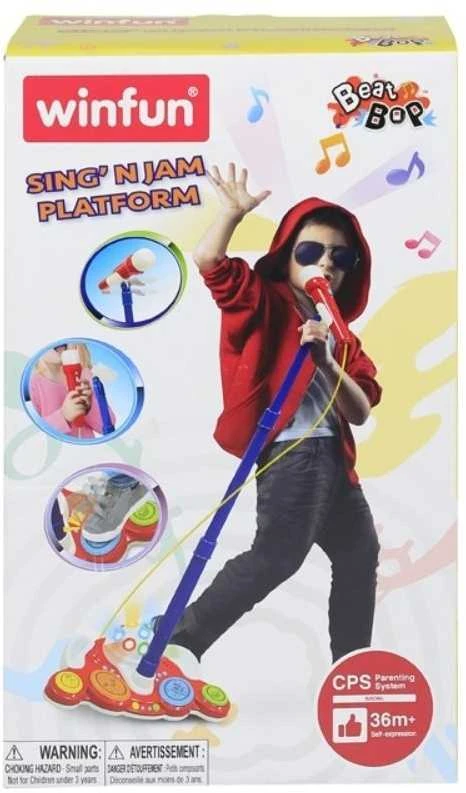 Žaislinis Winfun mikrofonas su stovu, garsais ir šviesomis