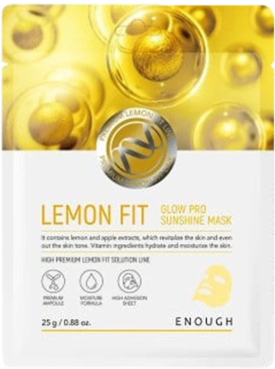 ENOUGH Lemon Fit Glow Sunshine Mask - lakštinė veido kaukė su citrinų ekstraktu ir vitaminu C, 1vnt.