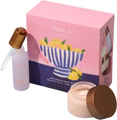 Inika Organic INIKA ANTI-AGEING NIGHT DUO Dovanų rinkinys (serumas 30 ml + naktinis veido kremas 50 ml)