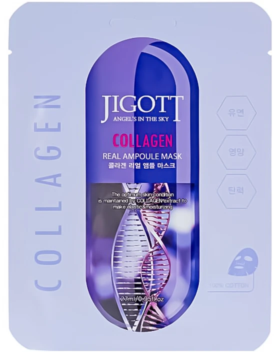 Jigott Collagen Real Ampoule Mask - lakštinė veido kaukė su kolageno ekstraktu, 27 ml