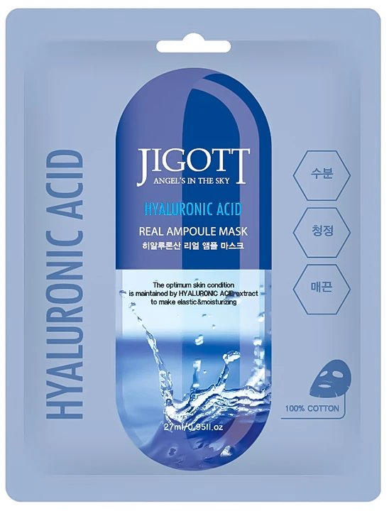 Jigott Hyaluronic Acid Real Ampoule Mask - lakštinė veido kaukė su hialurono rūgštimi, 27 ml