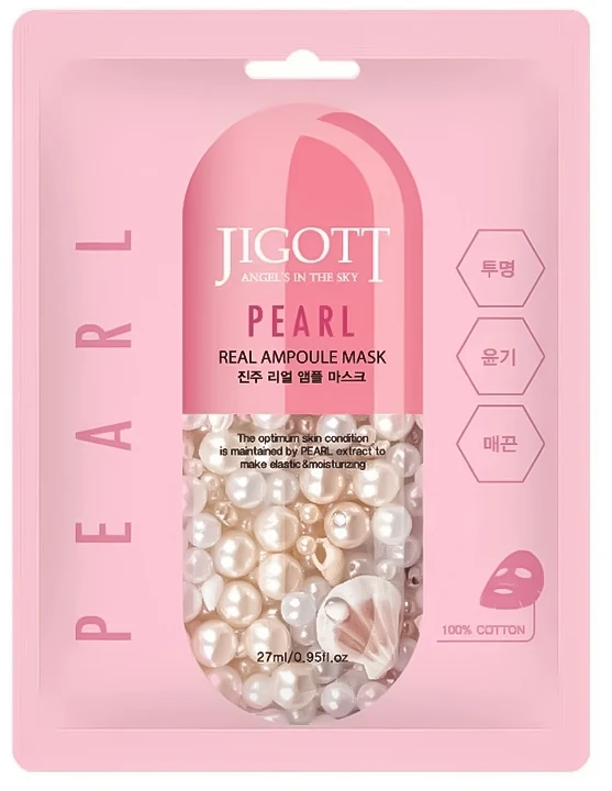 Jigott Pearl Real Ampoule Mask - lakštinė veido kaukė su perlų ekstraktu, 27 ml